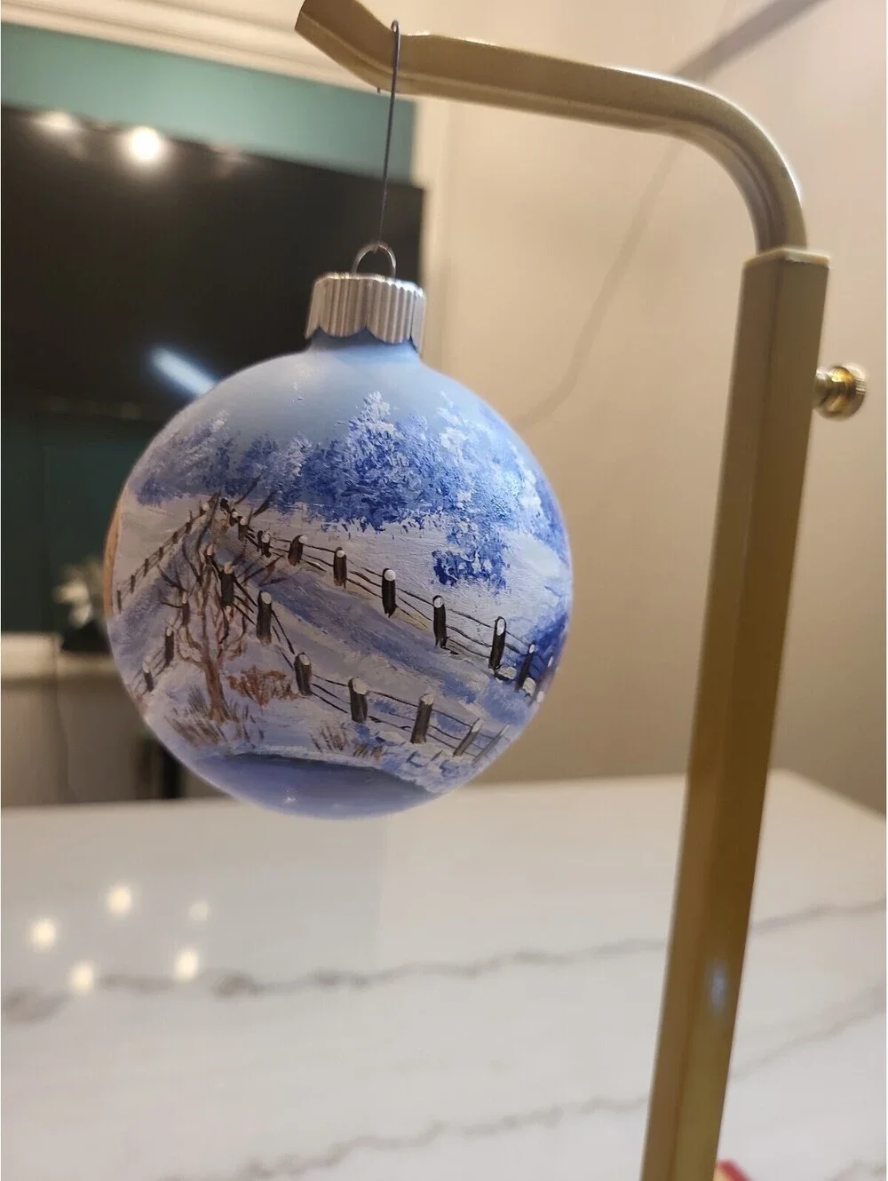 Vtg Glass Hand Painted Signed Ornament EUC Winter Snow Day Farm Scene 3.5” OOAK
